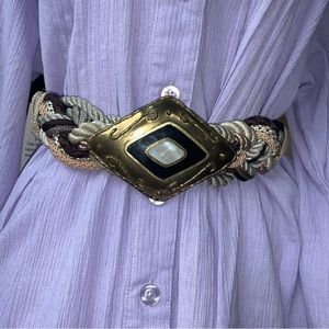 Vintage Brass Onyx Mother Of Pearl Belt 70s 80s adjustable Velcro 30 31 32 33 34